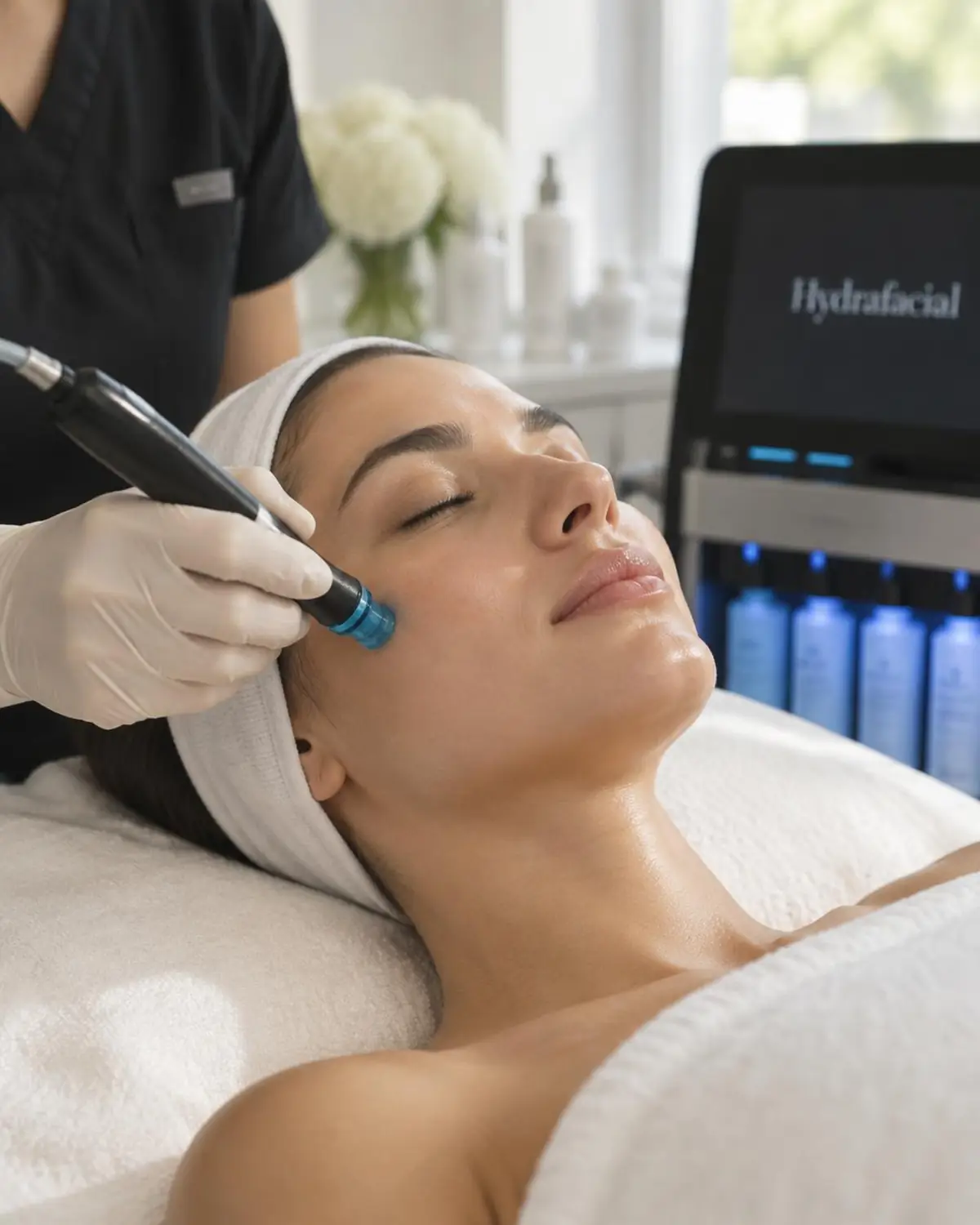 Client receiving a Hydrafacial treatment as the handpiece glides across her cheek