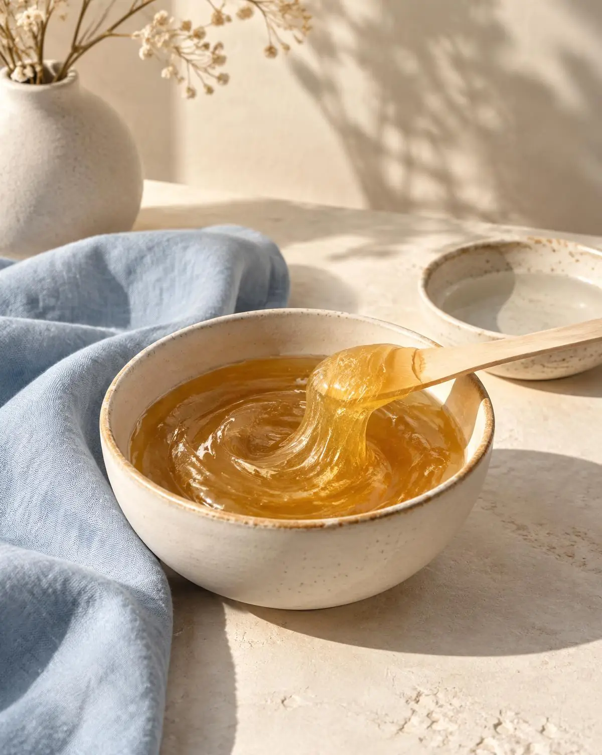 Warm golden sugaring paste in a ceramic bowl beside soft blue linen in natural light